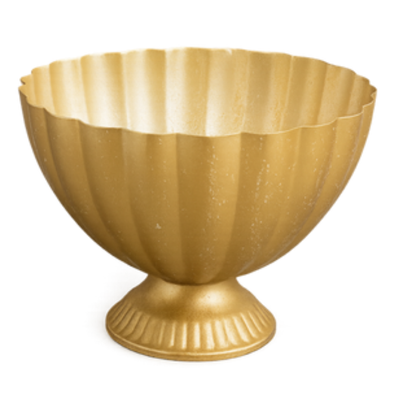 Scalloped Gold Bowl – Matte Brass Pedestal Centerpiece with Fluted Edges - U10