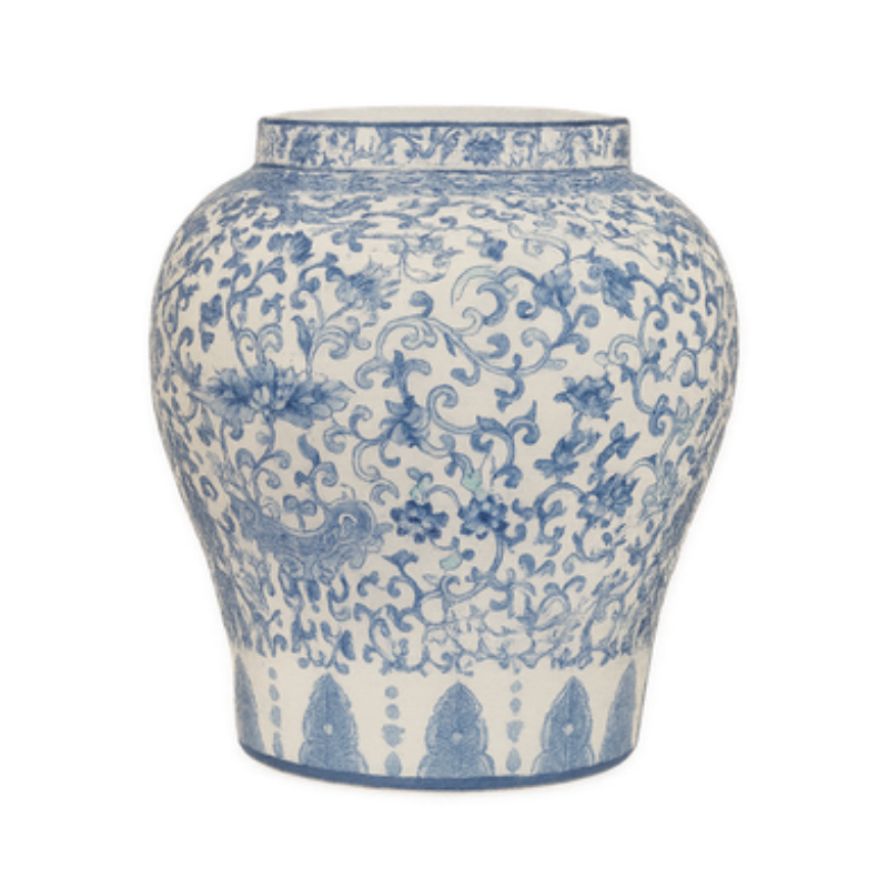 Large Blue and White Ginger Jar – Classical Porcelain Temple Jar with Intricate Vine Motif - U37