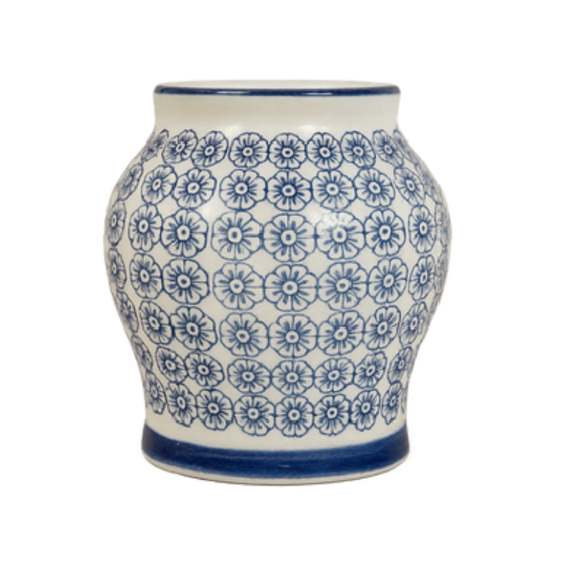 Small Floral Ginger Jar – Compact Porcelain Urn with Geometric Blue Daisy Print and Cobalt Trim - U38