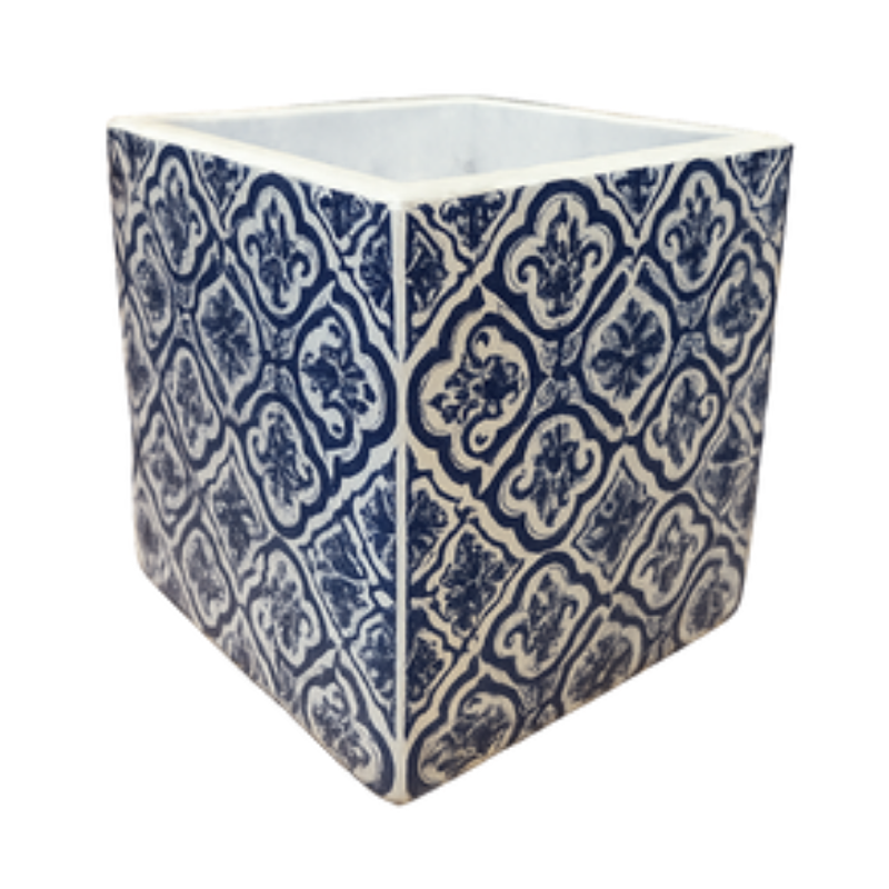 Indigo Tile Moroccan Planter – Cobalt Blue Patterned Ceramic Square Pot - CV02