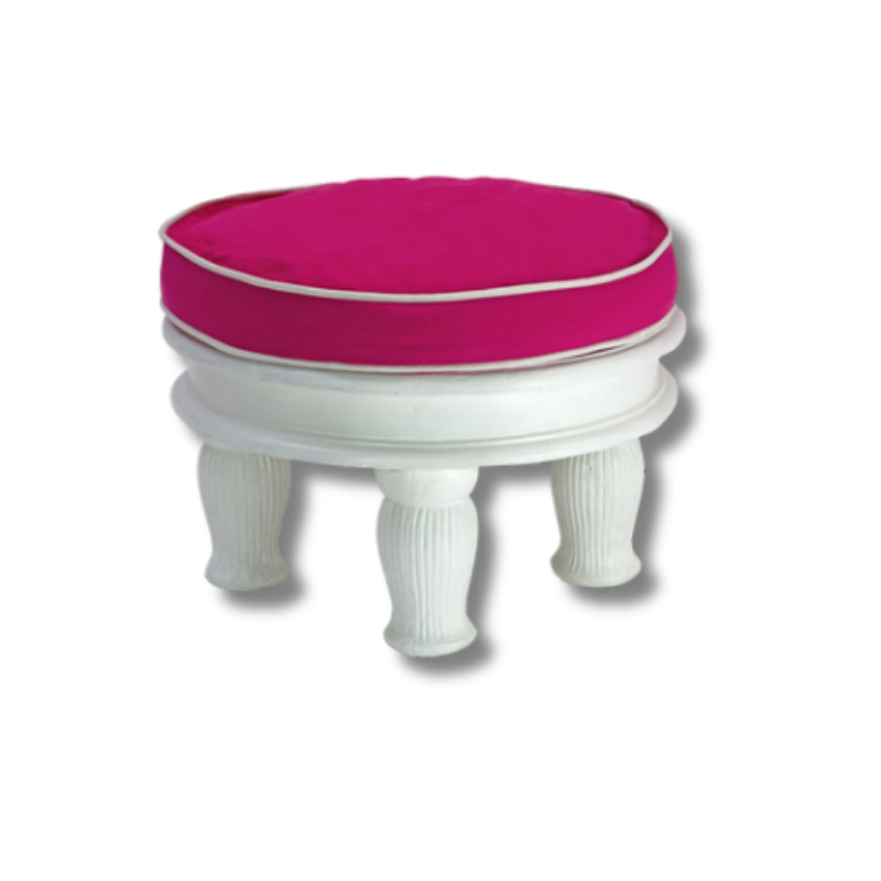 Velvet Footstool Ottoman: Handcrafted White Wood & Pink Seat