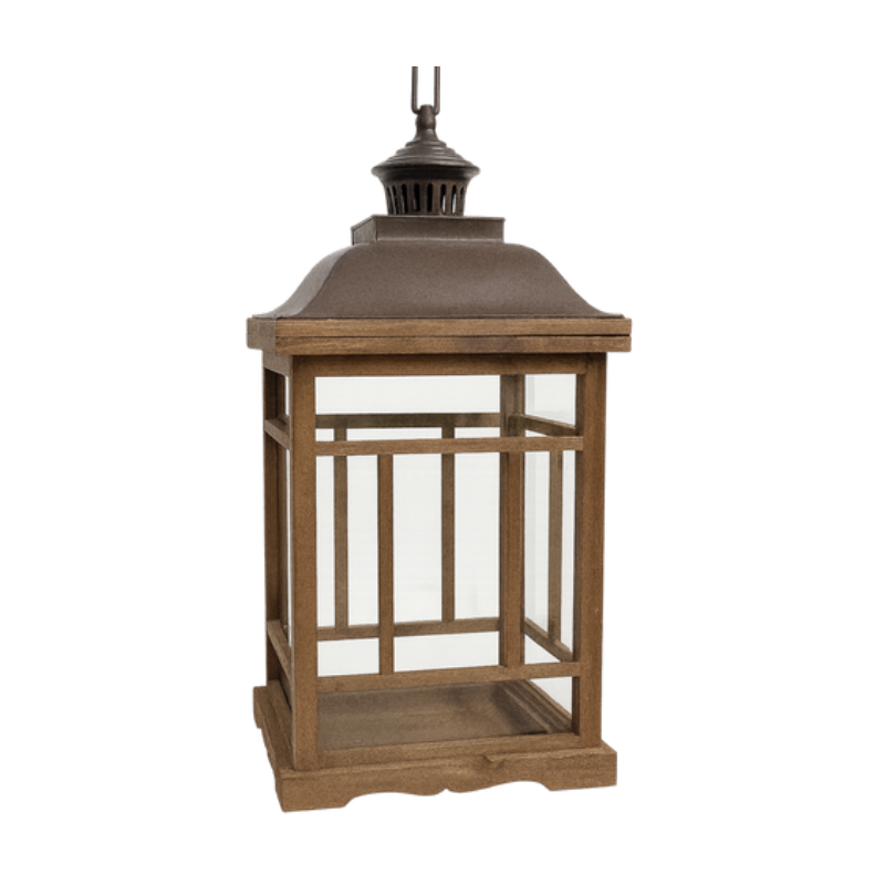 Rustic Wooden Lantern with Metal Top – Mission Style Decorative Candle Holder - L01