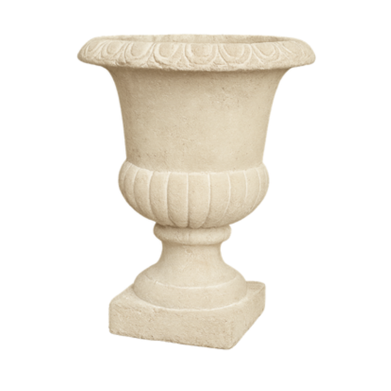 Classical Garden Stone Urn – Weathered Limestone Pedestal Planter with Scalloped Detail - U26