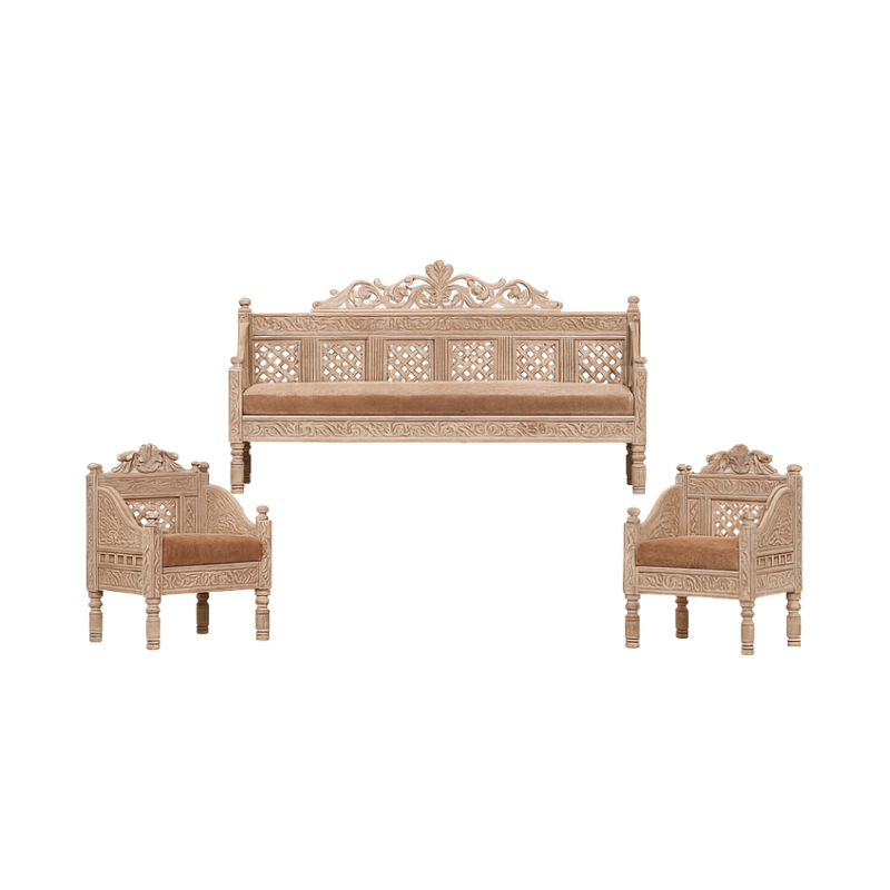 Luxury Hand-Carved Wooden Sofa Set – 3-Piece Traditional Artisan Bench & Armchairs