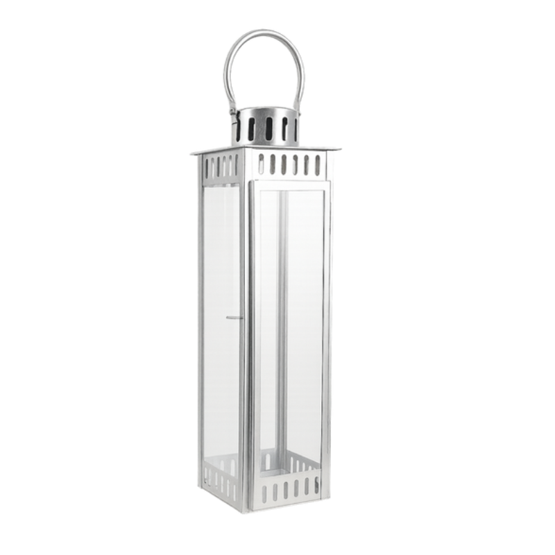 Large Silver Metal Lantern – Slim Modern Stainless Steel Hurricane Candle Holder - L03