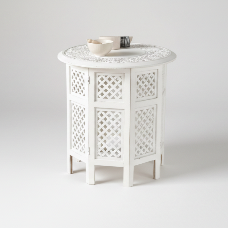 Hand-Carved Moroccan Side Table – Round White Boho Accent Table
