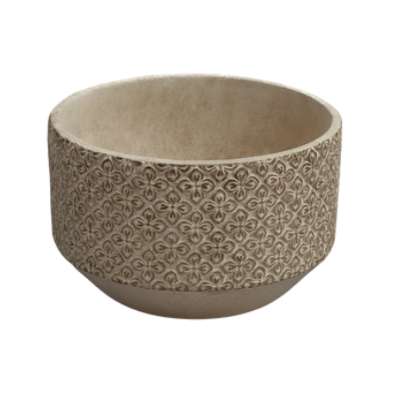 Patterned Stone Bowl – Embossed Floral Motif Ceramic Planter with Weathered Sand Finish - U33