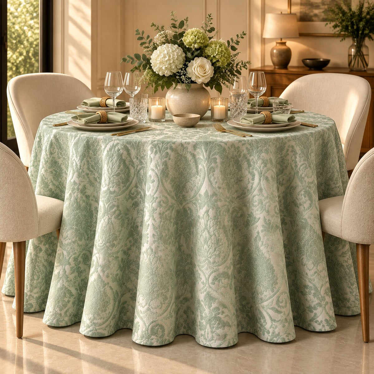 Pistachio Damask Embossed Tablecloth | Elegant Dry Hire for Linens - L04