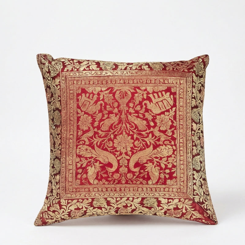 Imperial Red Brocade Cushion Covers – Luxury Gold Silk-Style Ornamental Pillows - CU13