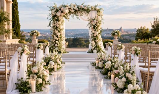 Wedding chair styling with white sash and floral decoration at a UK wedding ceremony