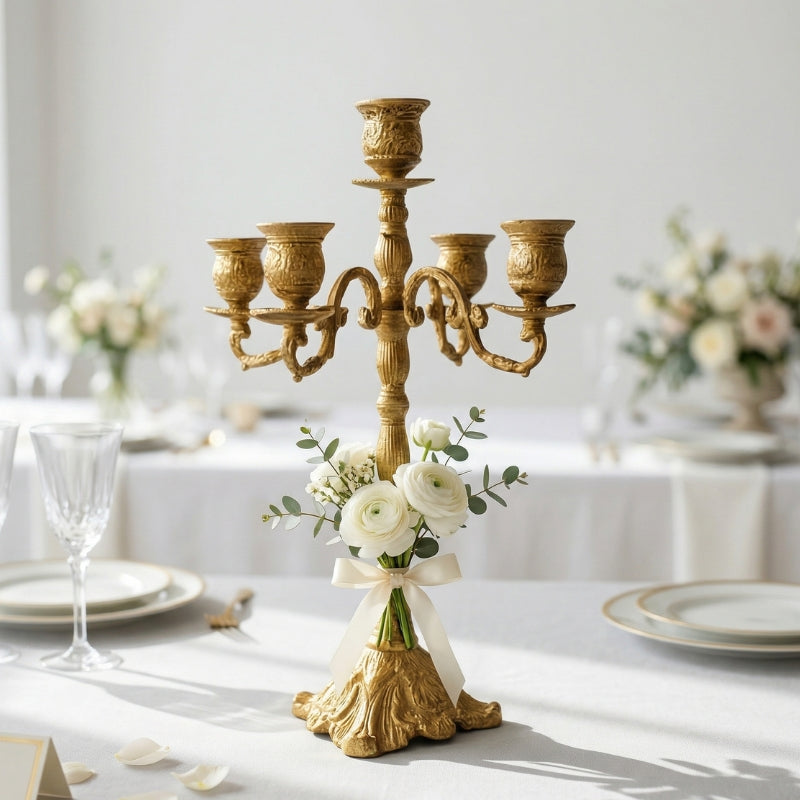 Antique Gold Candelabra - 5-Light Ornate Baroque Style Pillar Candle Holder - CT01
