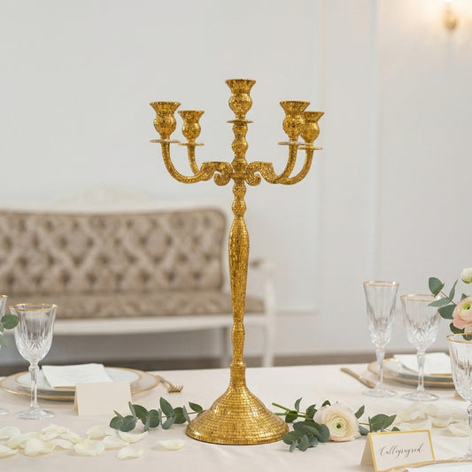 Gold Mosaic Candelabra – 5-Light Glamorous Glass Mirror Inlay Centerpiece - CT02