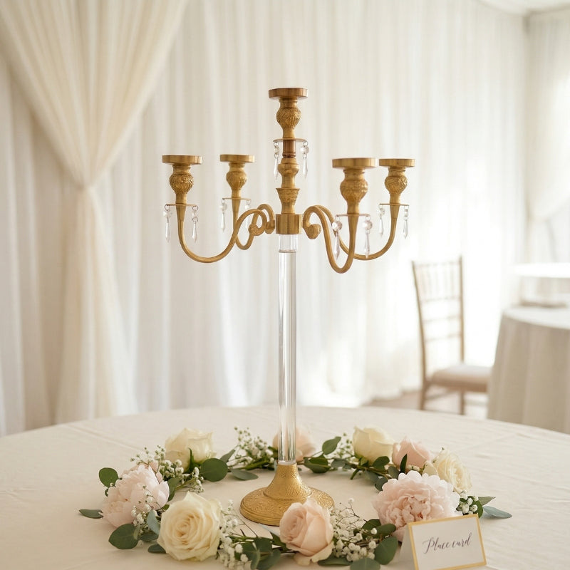 Crystal & Gold Candelabra - 5-Light Ornate Centerpiece with Hanging Droplets - CT04