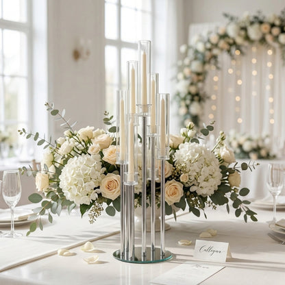 Modern Silver & Acrylic 10-Light Candelabra – Tiered Floating Glass Centerpiece - CT06