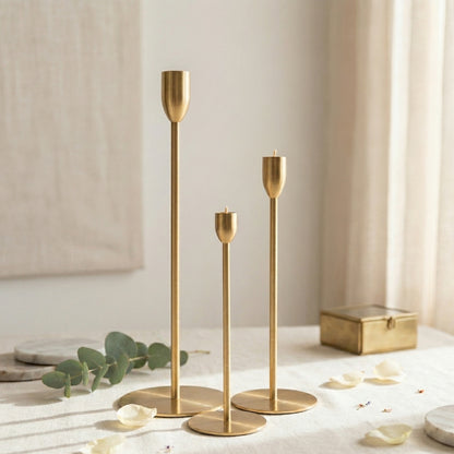 Nordic Gold Taper Candle Holder Set – 3-Piece Minimalist Slim Candlestick Stands - CT08