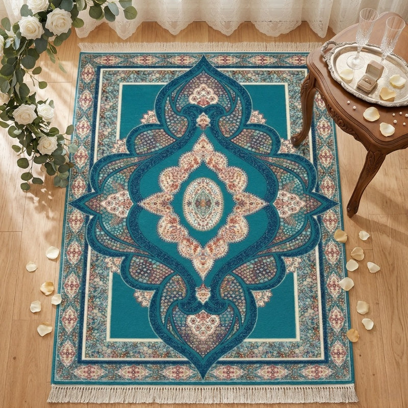 Teal Persian Medallion Rug – Elegant Peacock Blue & Ivory Traditional Area Carpet - CU07
