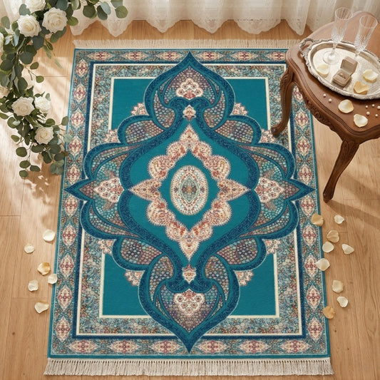 Teal Persian Medallion Rug – Elegant Peacock Blue & Ivory Traditional Area Carpet - CU07