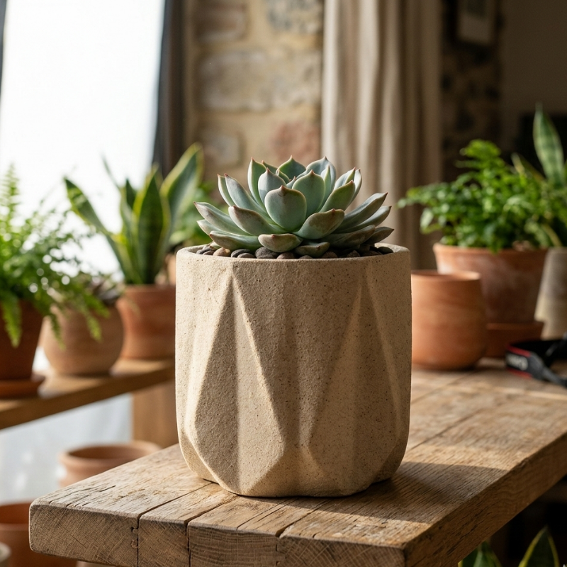 Geometric Faceted Planter – Architectural Stone-Style Ceramic Vessel with Origami-Inspired Design - U30