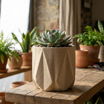 Geometric Faceted Planter – Architectural Stone-Style Ceramic Vessel with Origami-Inspired Design - U30