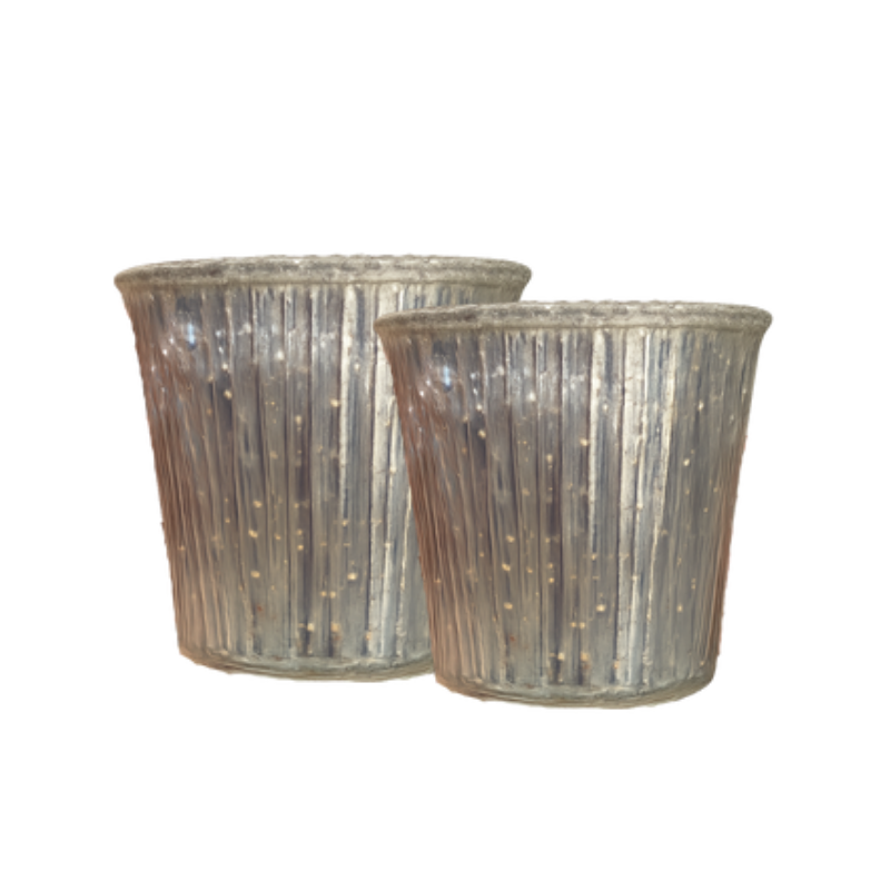 Ribbed Mercury Glass Tealight Holders – Set of 2 Silver Vintage Votive Cups - CT10