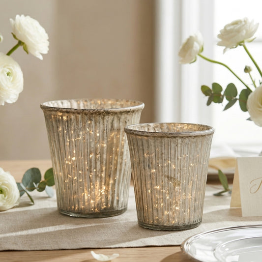 Ribbed Mercury Glass Tealight Holders – Set of 2 Silver Vintage Votive Cups - CT10