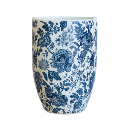 Vintage Blue Floral Vase – Tall Toile Porcelain Cylinder with Detailed Cobalt Botanical Print - U35