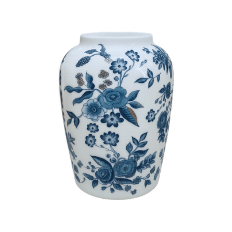 Blue and White Porcelain Vase – Elegant Ovoid Ginger Jar with Cobalt Rose and Gold Accents - U36