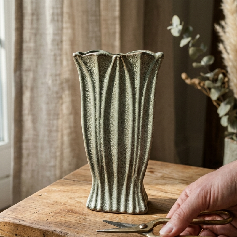 Hammered Silver Vase – Tall Fluted Metal Vessel with Antiqued Pewter Finish and Scalloped Rim - U31