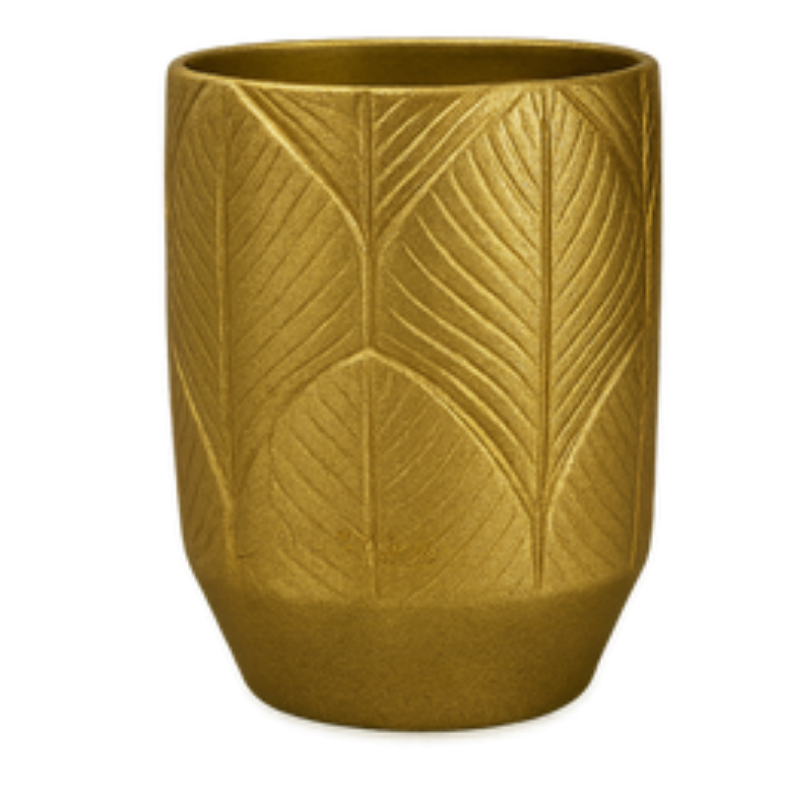 Feather Embossed Gold Vase – Modern Cylindrical Vessel with Botanical Relief Texture - U13