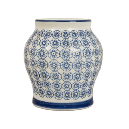 Small Floral Ginger Jar – Compact Porcelain Urn with Geometric Blue Daisy Print and Cobalt Trim - U38