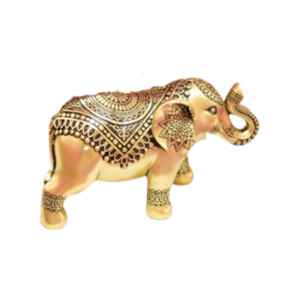 Gold Elephant Figurine with Intricate Mandala Detail - Royal Indian Trunk-Up Statue for Luck & Prosperity - T14