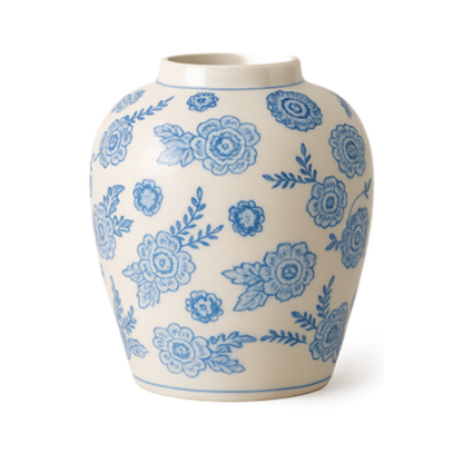 Blue and White Floral Vase – Ovoid Porcelain Ginger Jar with Scattered Cornflower and Leaf Motif - U39