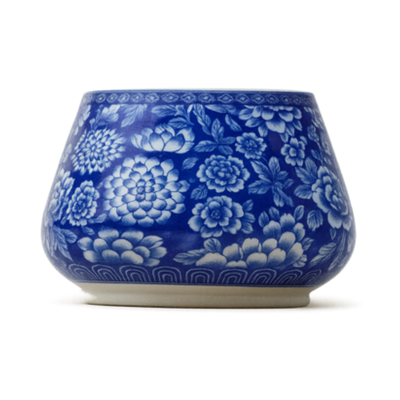 Blue Floral Planter Bowl – Tapered Porcelain Decorative Basin with Dense Cobalt Peony Print - U40