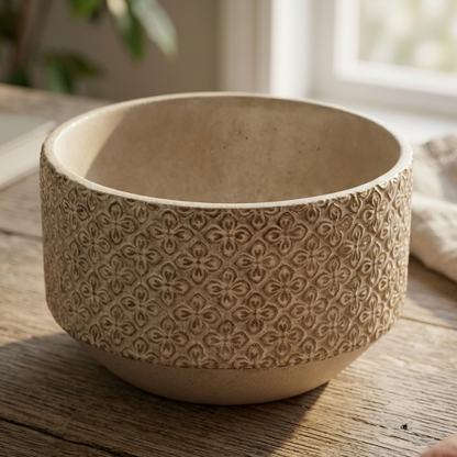 Patterned Stone Bowl – Embossed Floral Motif Ceramic Planter with Weathered Sand Finish - U33