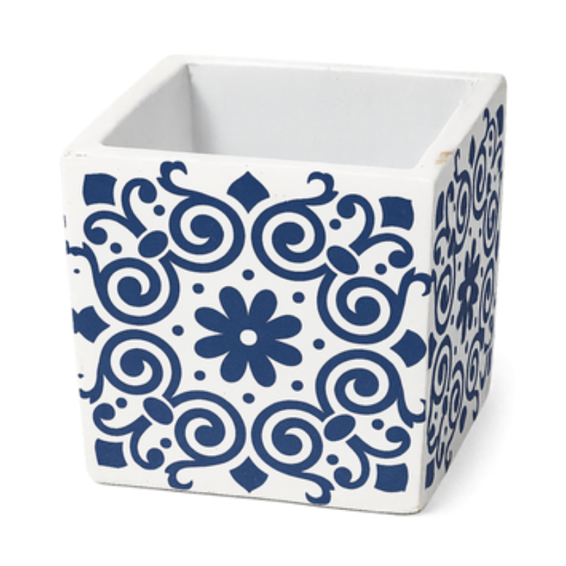 Indigo Scroll Moroccan Planter – Cobalt Blue Curlicue Patterned Ceramic Square Pot - CV04