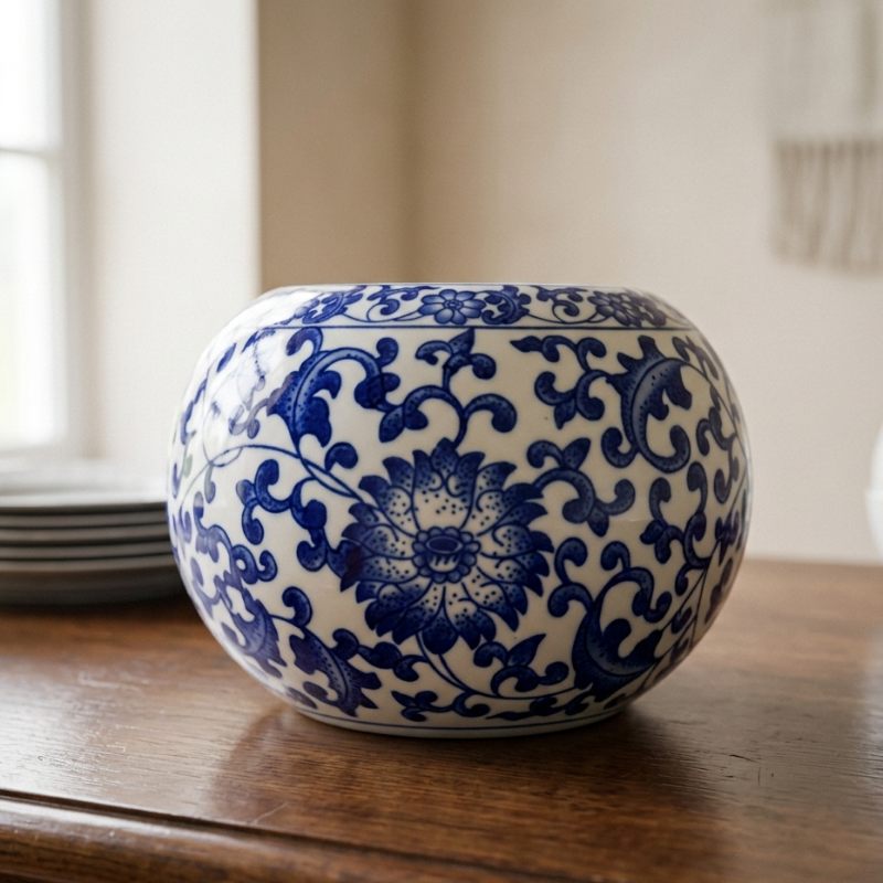 Blue and White Ginger Jar – Globose Porcelain Vase with Hand-Painted Cobalt Floral Vines - U34