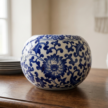 Blue and White Ginger Jar – Globose Porcelain Vase with Hand-Painted Cobalt Floral Vines - U34