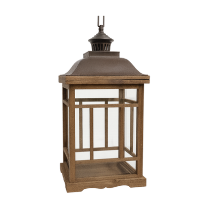 Rustic Wooden Lantern with Metal Top – Mission Style Decorative Candle Holder - L01