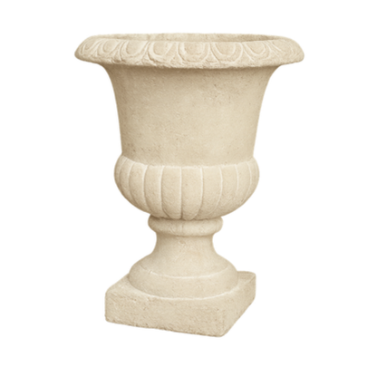 Classical Garden Stone Urn – Weathered Limestone Pedestal Planter with Scalloped Detail - U26