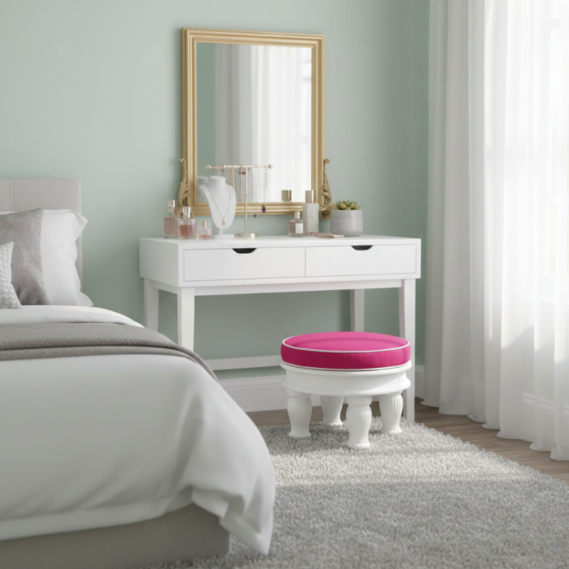 Velvet Footstool Ottoman: Handcrafted White Wood & Pink Seat