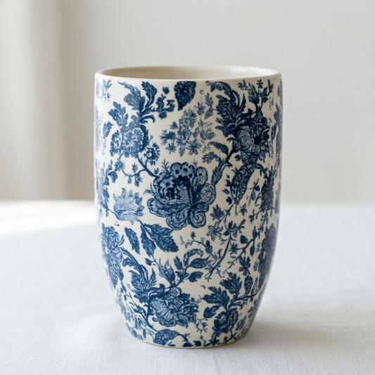 Vintage Blue Floral Vase – Tall Toile Porcelain Cylinder with Detailed Cobalt Botanical Print - U35
