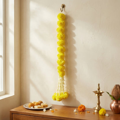 Yellow Marigold Garland with Tassel - Artificial Genda Phool for Haldi & Diwali Decor - T02