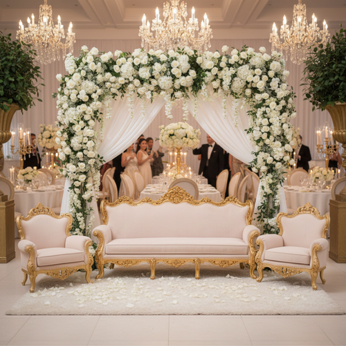 Baroque Sofa Set: Ornate Gold & Blush Velvet Living Room Collection
