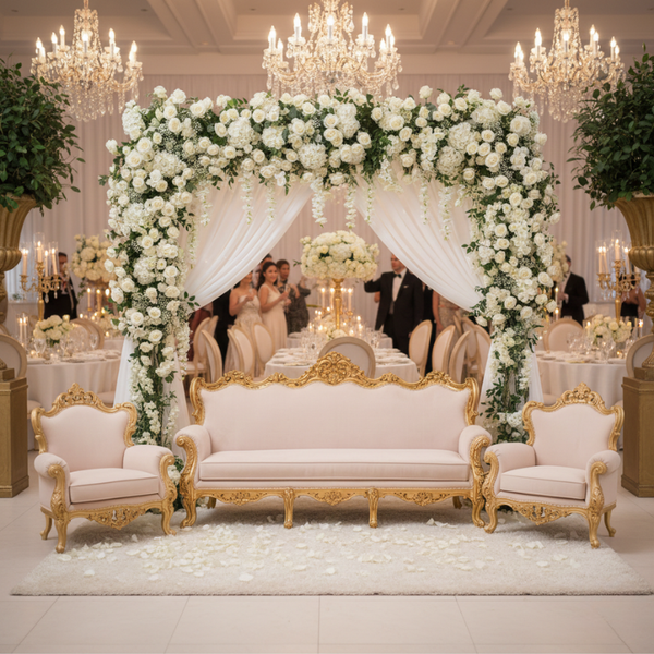Baroque Sofa Set: Ornate Gold & Blush Velvet Living Room Collection