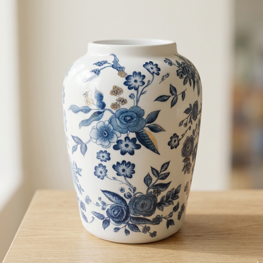 Blue and White Porcelain Vase – Elegant Ovoid Ginger Jar with Cobalt Rose and Gold Accents - U36