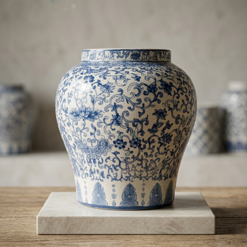 Large Blue and White Ginger Jar – Classical Porcelain Temple Jar with Intricate Vine Motif - U37