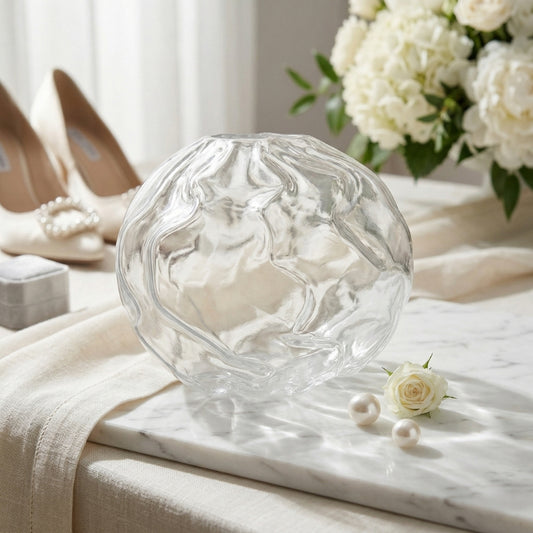 Organic Rippled Glass Orb Vase – Clear Textured Hand-Blown Style Vase - BV03