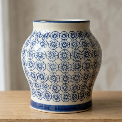 Small Floral Ginger Jar – Compact Porcelain Urn with Geometric Blue Daisy Print and Cobalt Trim - U38