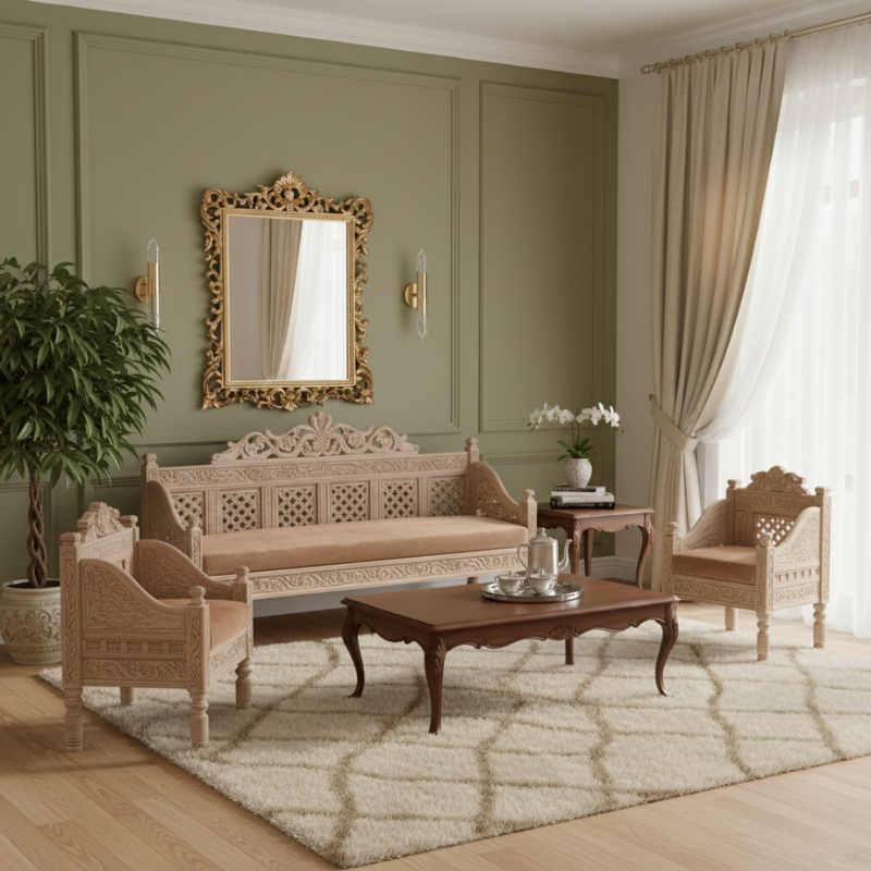 Luxury Hand-Carved Wooden Sofa Set – 3-Piece Traditional Artisan Bench & Armchairs
