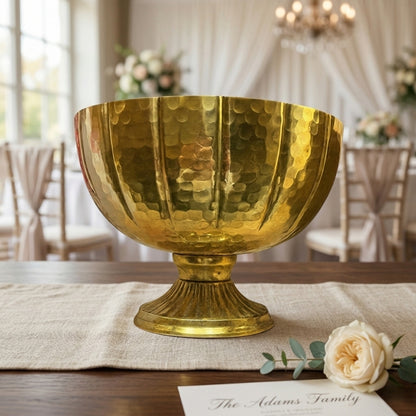 Hammered Brass Bowl – Large Pedestal Centerpiece with Ribbed Detail - U02